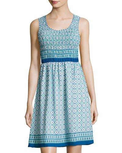Printed-georgette Smocked-bodice Dress, Blue Pattern