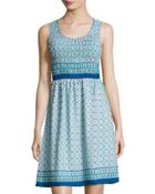 Printed-georgette Smocked-bodice Dress, Blue Pattern