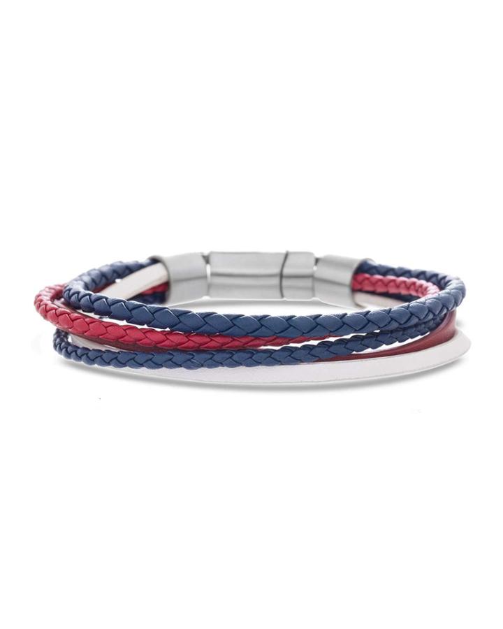 Men's Multi-row Braided Leather Bracelet, Red/white/blue