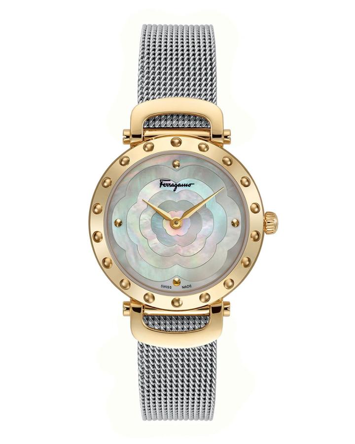 34mm Dotted Mother-of-pearl Watch With Mesh Bracelet Strap, Two-tone