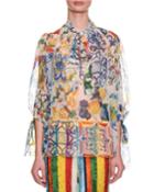 Tie-neck Maiolica-print Sheer Chiffon Blouse
