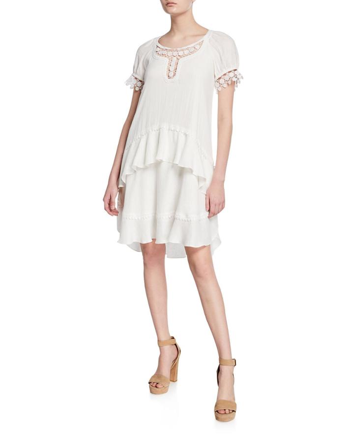 Embroidered Linen-blend Tiered Flounce Dress