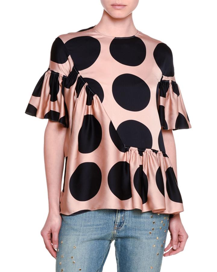 Short-sleeve Ruffled Polka Dot Silk Top, Peach/navy