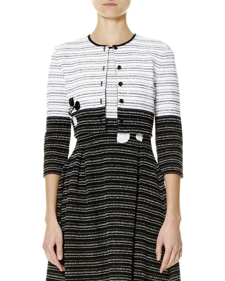 Leaf-embroidered Tweed 3/4-sleeve Cardigan, White/black
