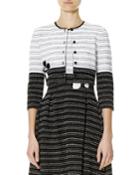 Leaf-embroidered Tweed 3/4-sleeve Cardigan, White/black