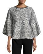 Animal-print Embroidered Knit Poncho, Gray