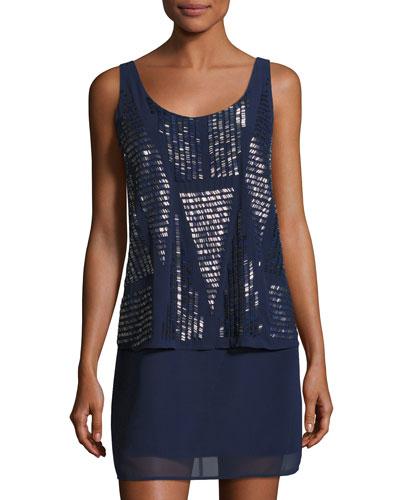 Allover-beaded Popover Cocktail Dress, Dark Blue