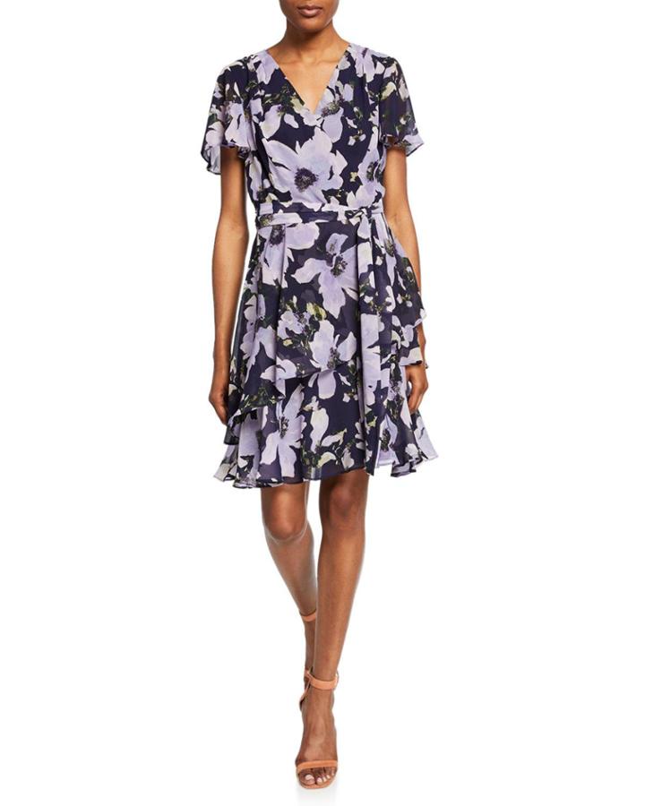 Floral-print Ruffle Illusion-wrap Dress
