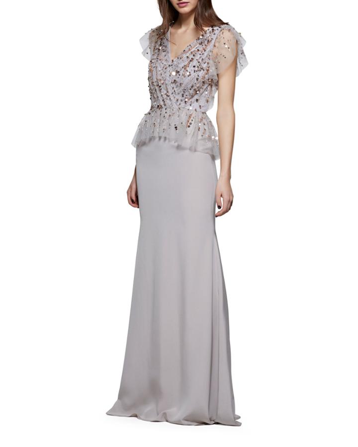 Crepe V-neck Gown W/ Beaded Bodice