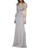 Crepe V-neck Gown W/ Beaded Bodice