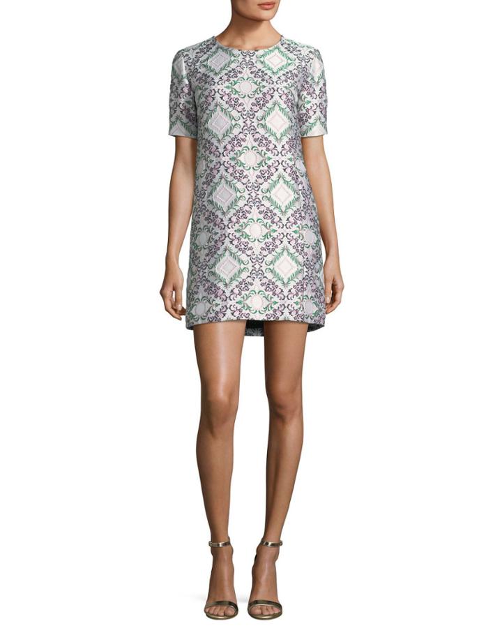 Short-sleeve Metallic Jacquard Shift Cocktail Dress