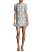 Short-sleeve Metallic Jacquard Shift Cocktail Dress