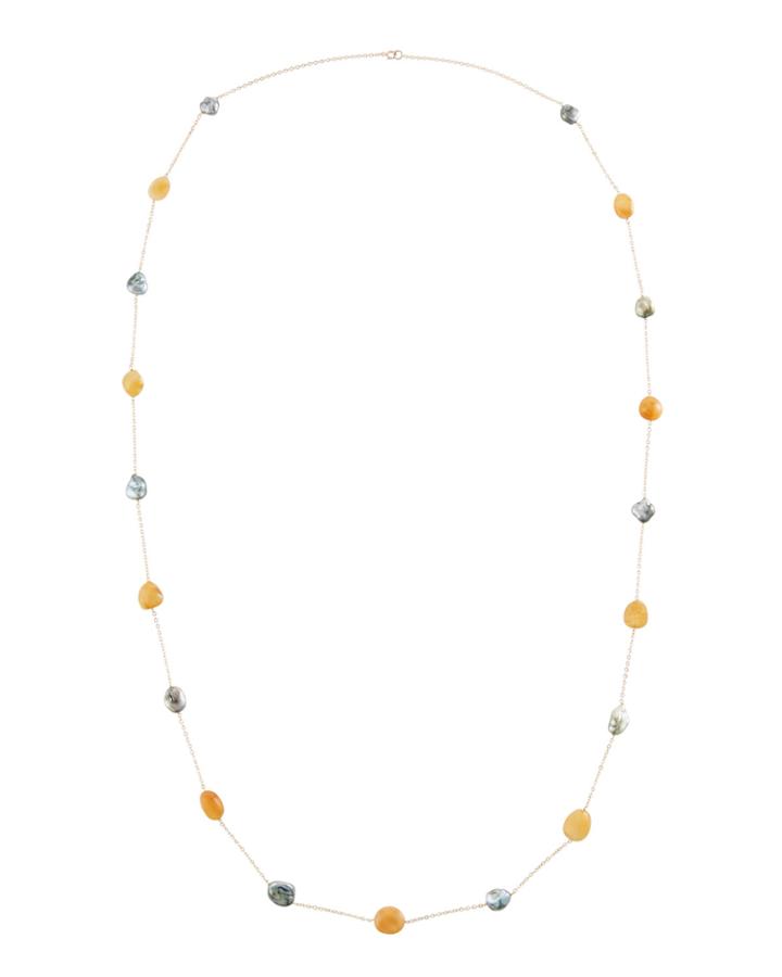 14k Long Yellow Sapphire & Pearl Necklace