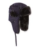 Herringbone-quilted Faux-fur Trapper Hat, Navy/black