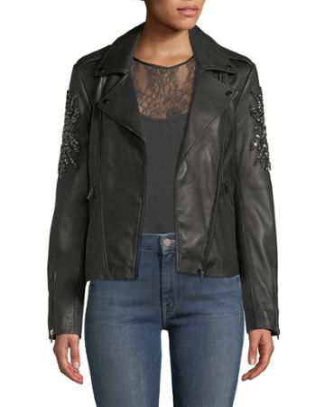 Embellished-sleeve Leather