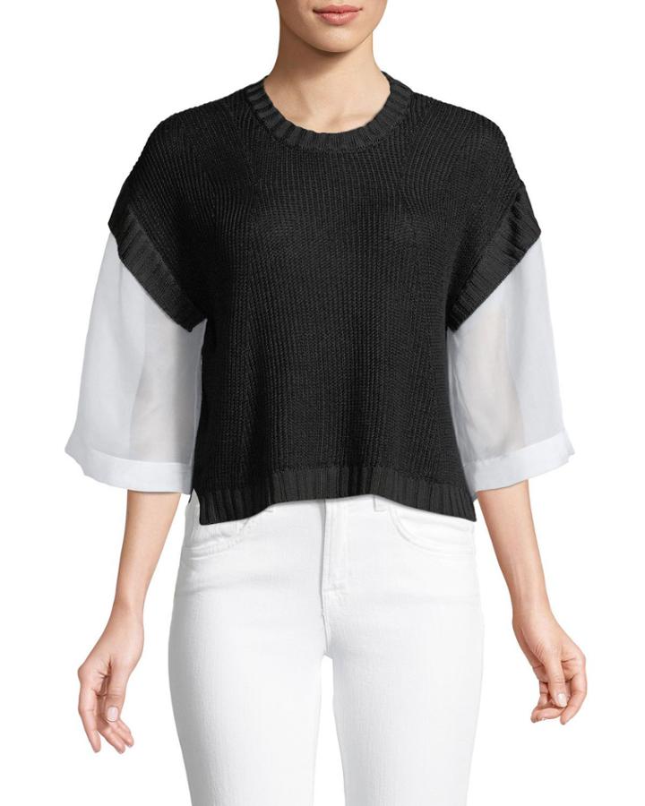 Organza-sleeve Linen-blend Blouse