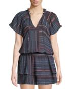 Smocked-waist Printed Tie-neck Dress