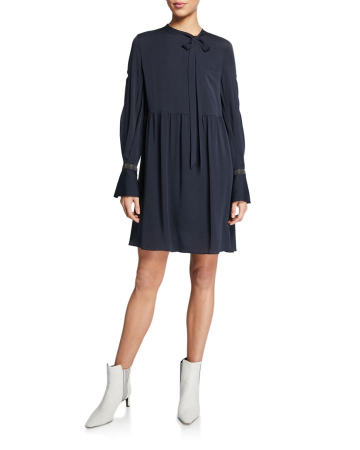 Tie-neck Monili-cuff Silk Babydoll Dress