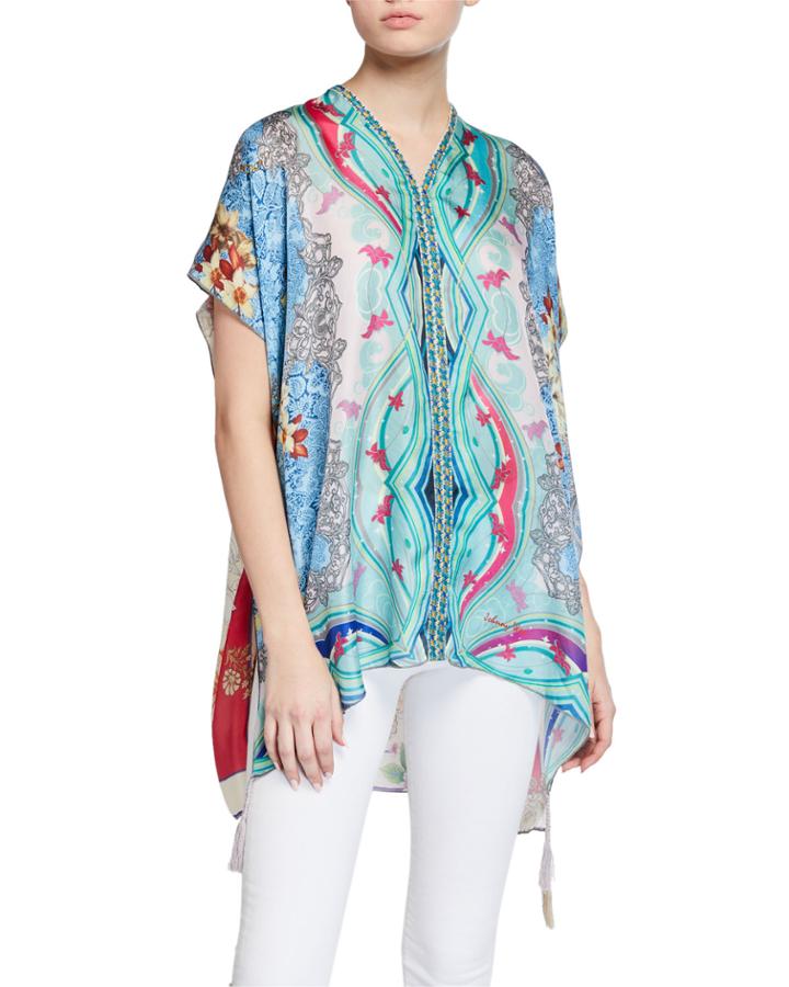 Leon Printed Tassel Poncho