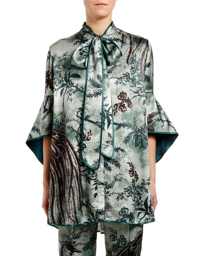 Paradise-print Fluted Tie-neck Blouse