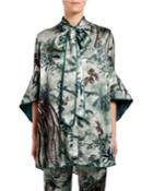 Paradise-print Fluted Tie-neck Blouse