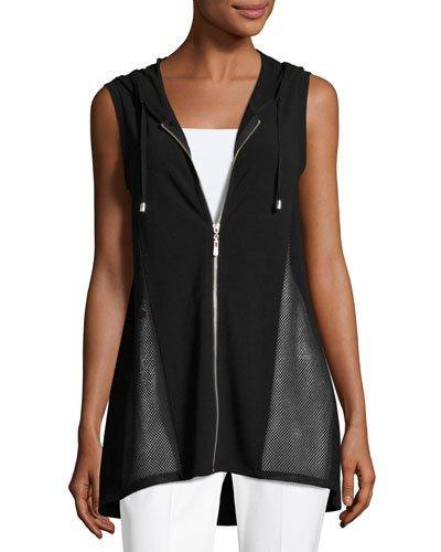 High-low Zip-front Hooded Vest, Black