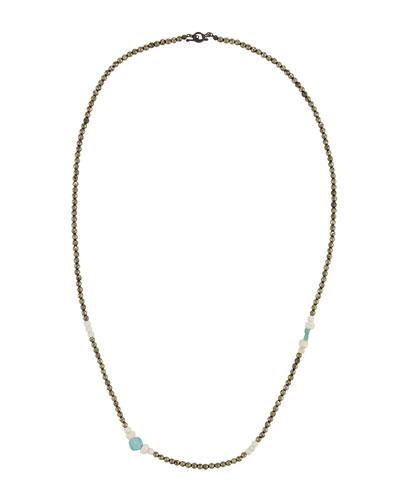 Long Pyrite, Sea Glass & Bone Beaded Necklace