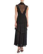Pleated Gauze Jersey Mock-neck Dress