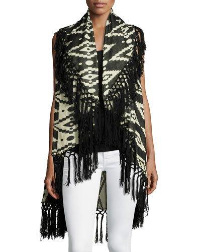Fringed-hem Poncho Vest, Black