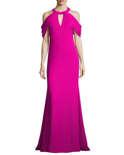Draped-shoulder Stretch Crepe Gown,