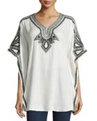 Embroidered V-neck Poncho Top, Off White