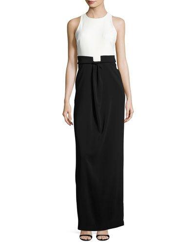 Sleeveless Two-tone Column Gown, Black/light Ivory