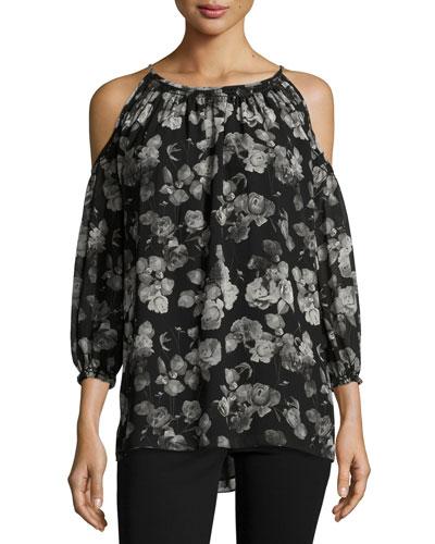 Cold-shoulder Floral-print Top, Black