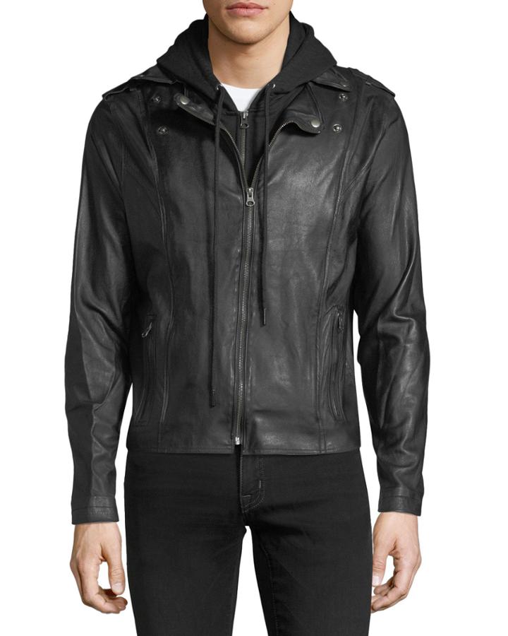 Hooded Zip-front Moto Jacket, Black