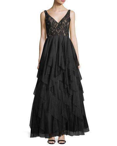 Layered-skirt V-neck Gown