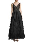 Layered-skirt V-neck Gown