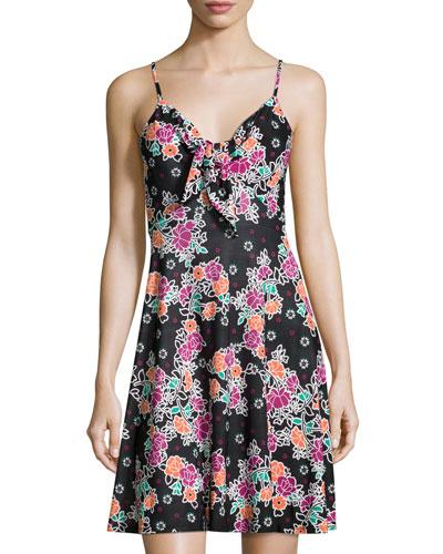 Tie-front Floral-print Dress, Black/coral/purple