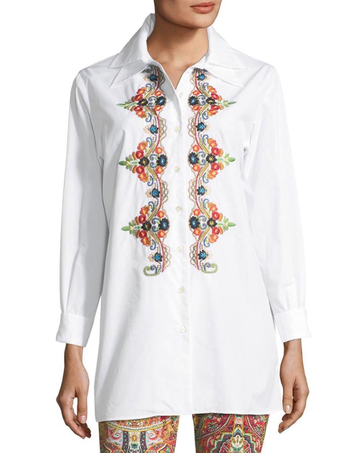 Button-front Long-sleeve Embroidered