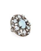 Silver Oval Ring With Aquamarine & Diamonds,