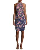 Sleeveless Embroidered Floral Lace Cocktail Dress, Navy