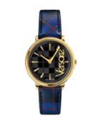 38mm Tartan Plaid Watch W/ Leather Strap, Gold/black