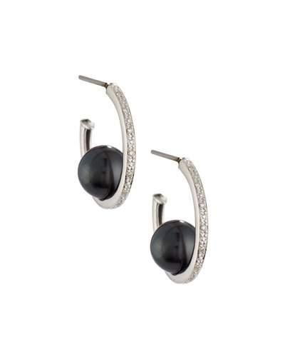 14k Pave Diamond & Tahitian Pearl Hoop Earrings