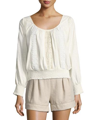 Smocked-trim Embroidered Top, White