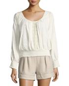 Smocked-trim Embroidered Top, White