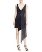 Sleeveless V-neck High-shine Jersey Cocktail Dress W/ Sequins & Chiffon Overlay