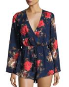 Floral-print Drawstring-waist Romper, Navy