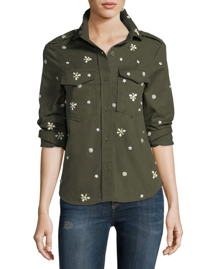 Hayfa Button-front Long-sleeve Shirt With Beaded Trim