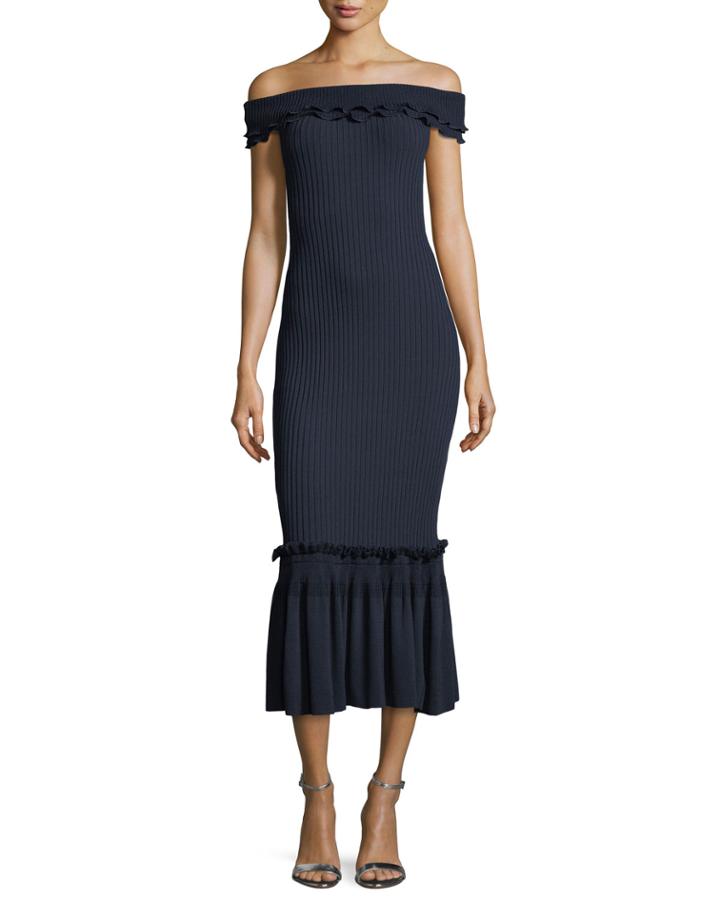 Off-the-shoulder Ribbed Midi Dress W/ Ruffled Trim