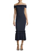 Off-the-shoulder Ribbed Midi Dress W/ Ruffled Trim