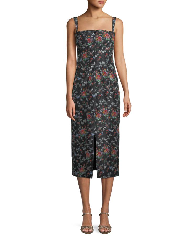 Sleeveless Square-neck Rose-print Silk